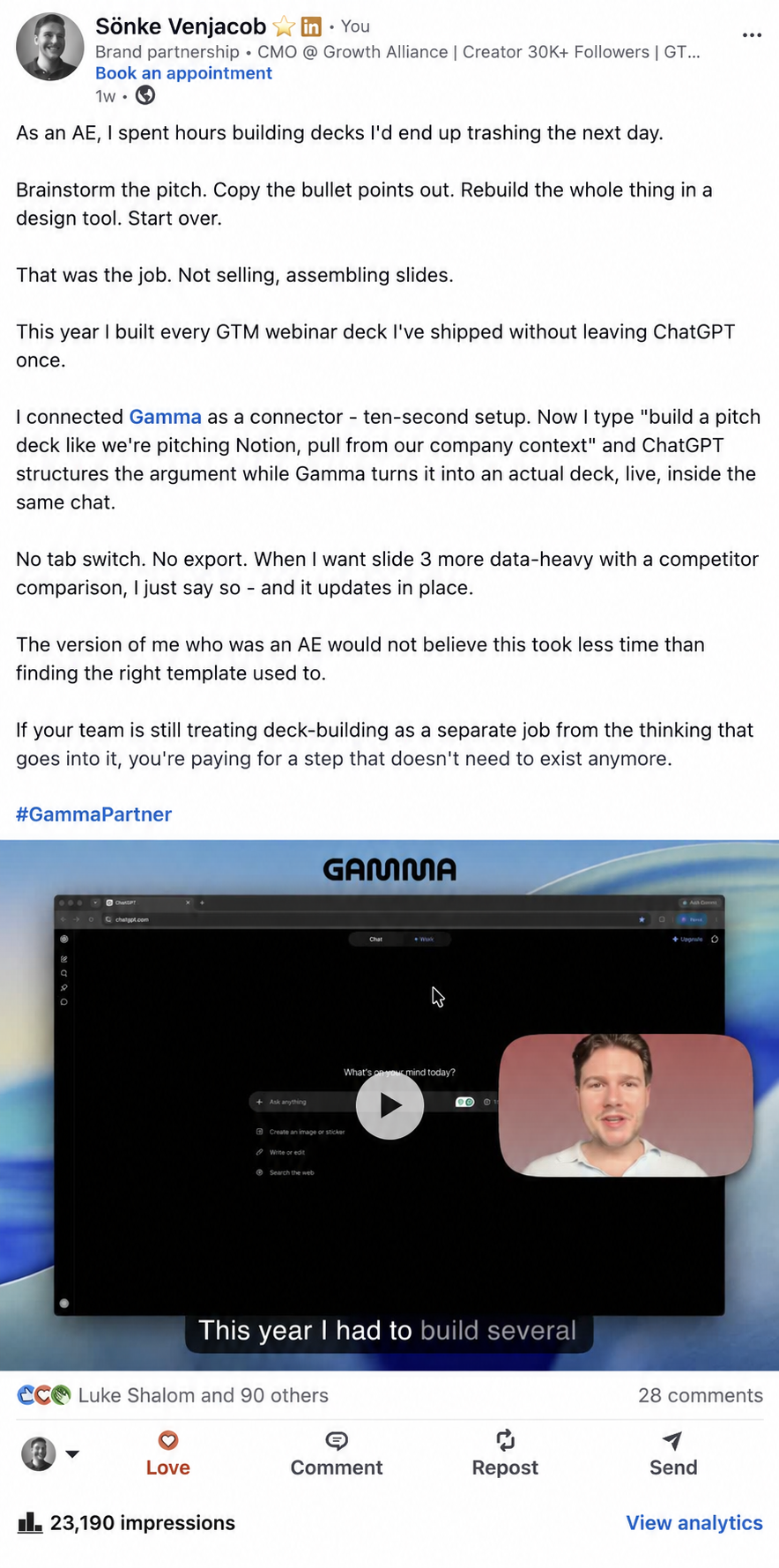 Gamma LinkedIn post about creating GTM webinar decks in ChatGPT