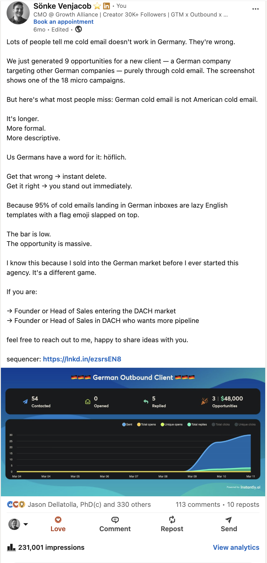 Instantly LinkedIn post about generating opportunities through German cold email