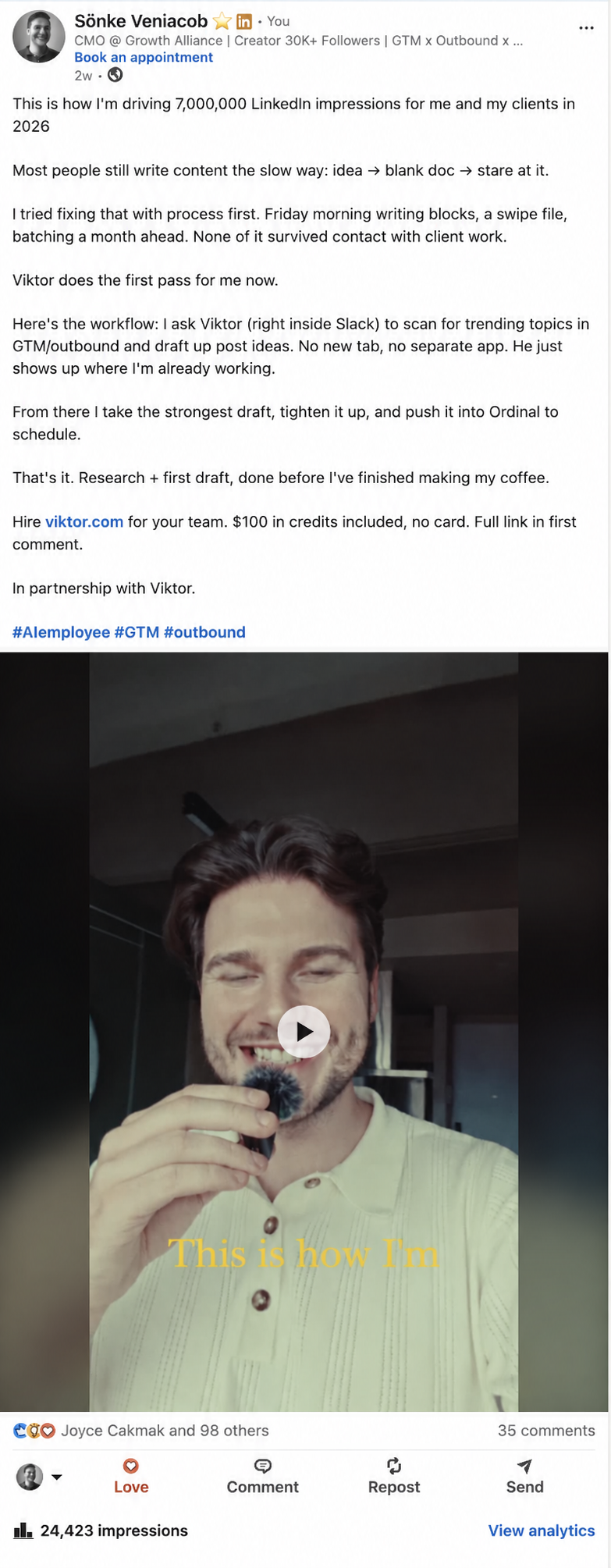 Viktor LinkedIn post showing Sönke's content research and drafting workflow